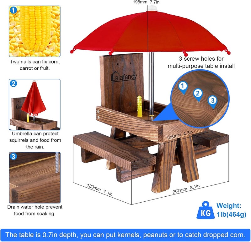 Lalafancy Squirrel Feeder Picnic Table with Umbrella, Carbonized Wood Squirrel Feeder for Outside Funny Chipmunk Feeder with Corn Cob Holder Structure Solid for Squirrel Gift - Image 5